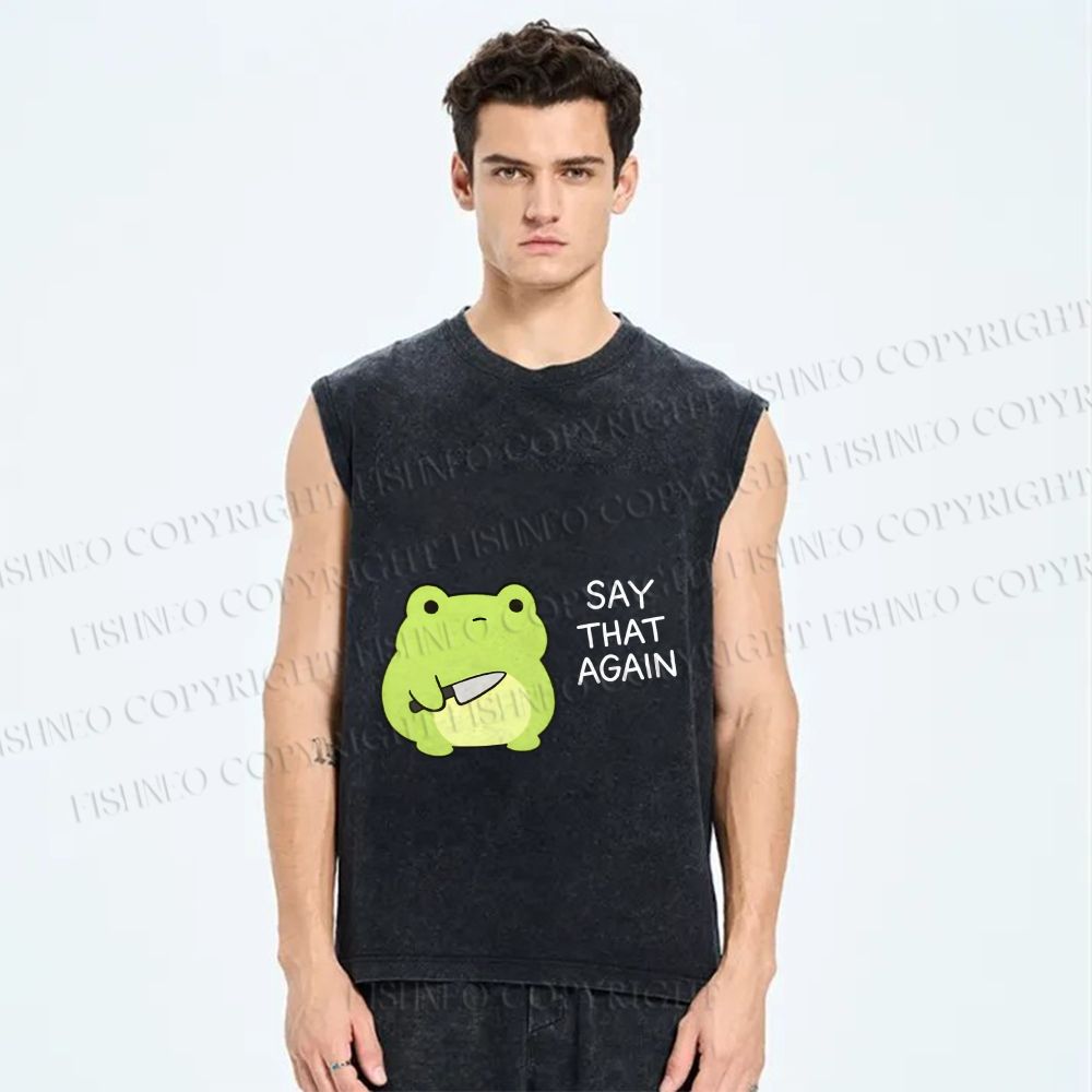 Unisex Say That Again Funny Frog With Knife Printed Washed Tank Top