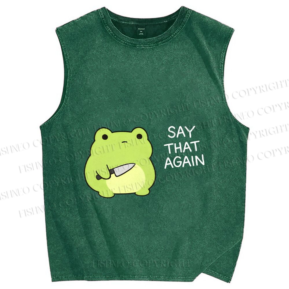 Unisex Say That Again Funny Frog With Knife Printed Washed Tank Top
