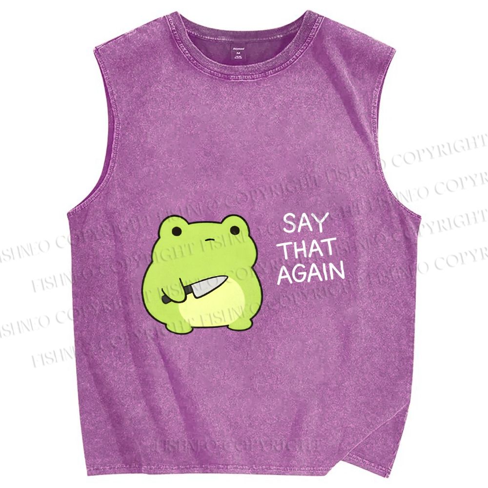 Unisex Say That Again Funny Frog With Knife Printed Washed Tank Top