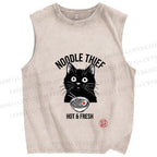 Unisex Noodle Thief Black Cat Ramen Printed Washed Tank Top