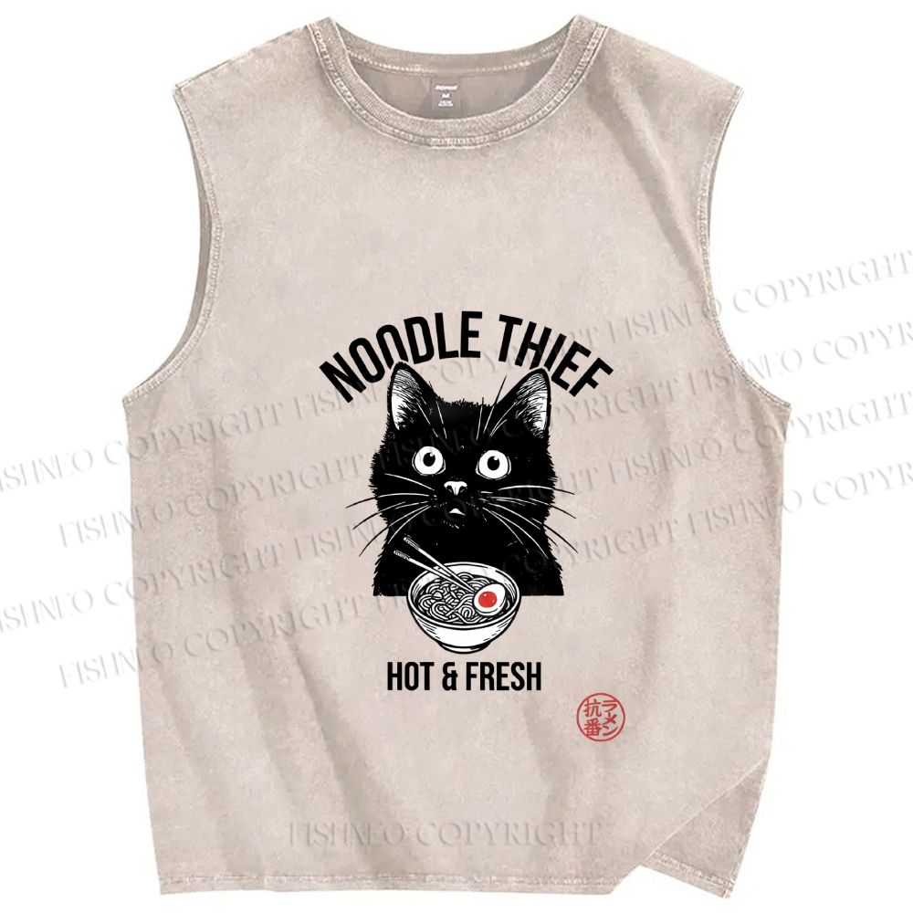 Unisex Noodle Thief Black Cat Ramen Printed Washed Tank Top