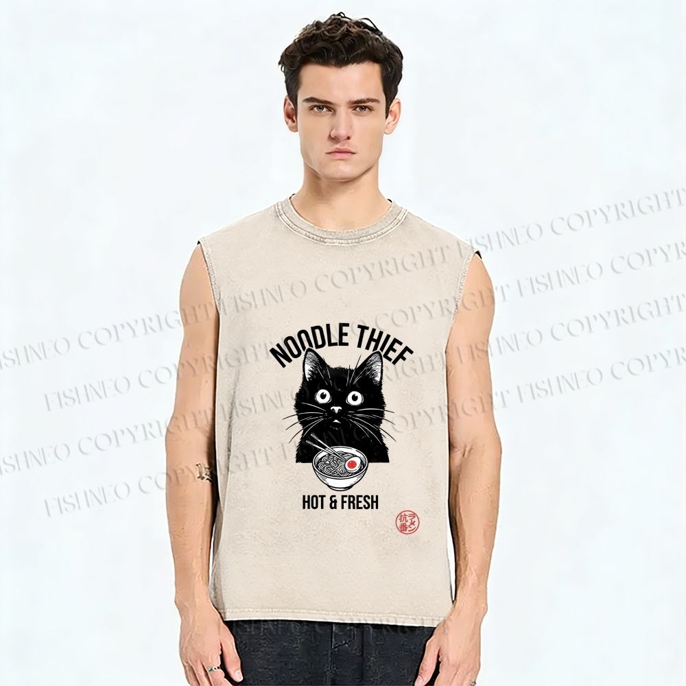 Unisex Noodle Thief Black Cat Ramen Printed Washed Tank Top