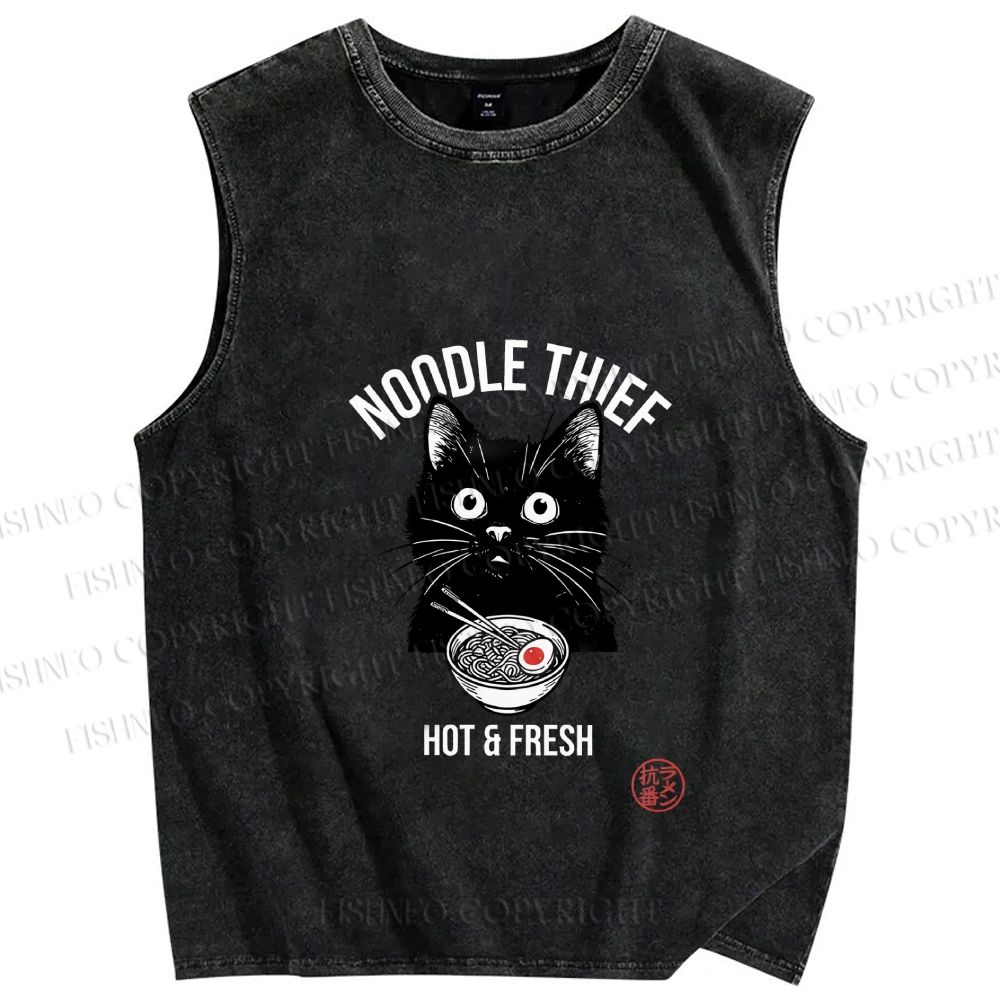 Unisex Noodle Thief Black Cat Ramen Printed Washed Tank Top