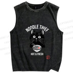 Unisex Noodle Thief Black Cat Ramen Printed Washed Tank Top