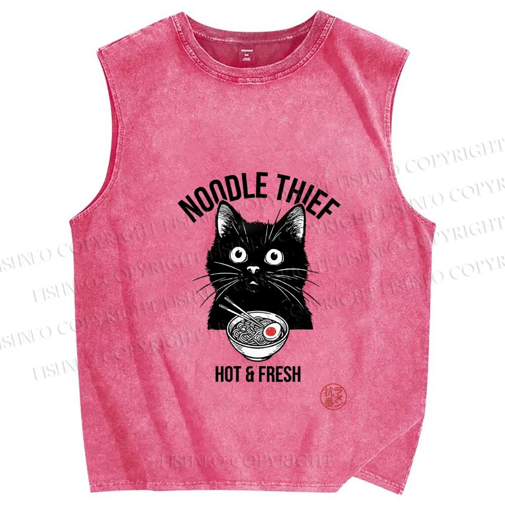Unisex Noodle Thief Black Cat Ramen Printed Washed Tank Top