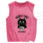 Unisex Noodle Thief Black Cat Ramen Printed Washed Tank Top