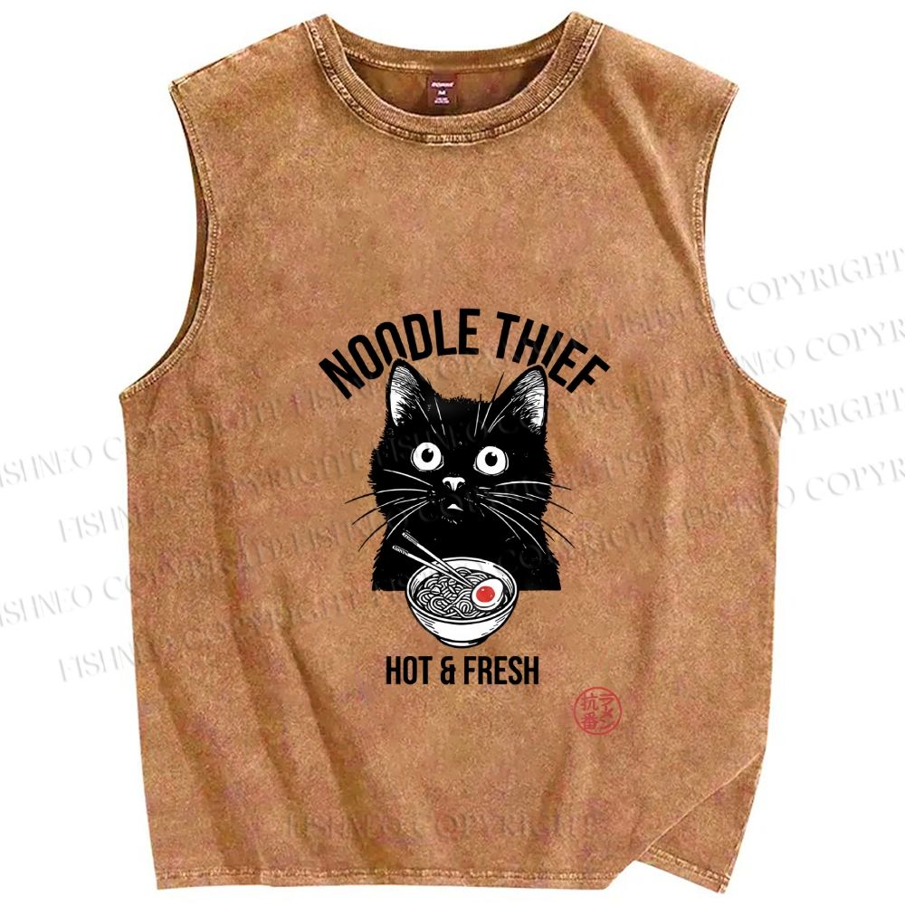 Unisex Noodle Thief Black Cat Ramen Printed Washed Tank Top