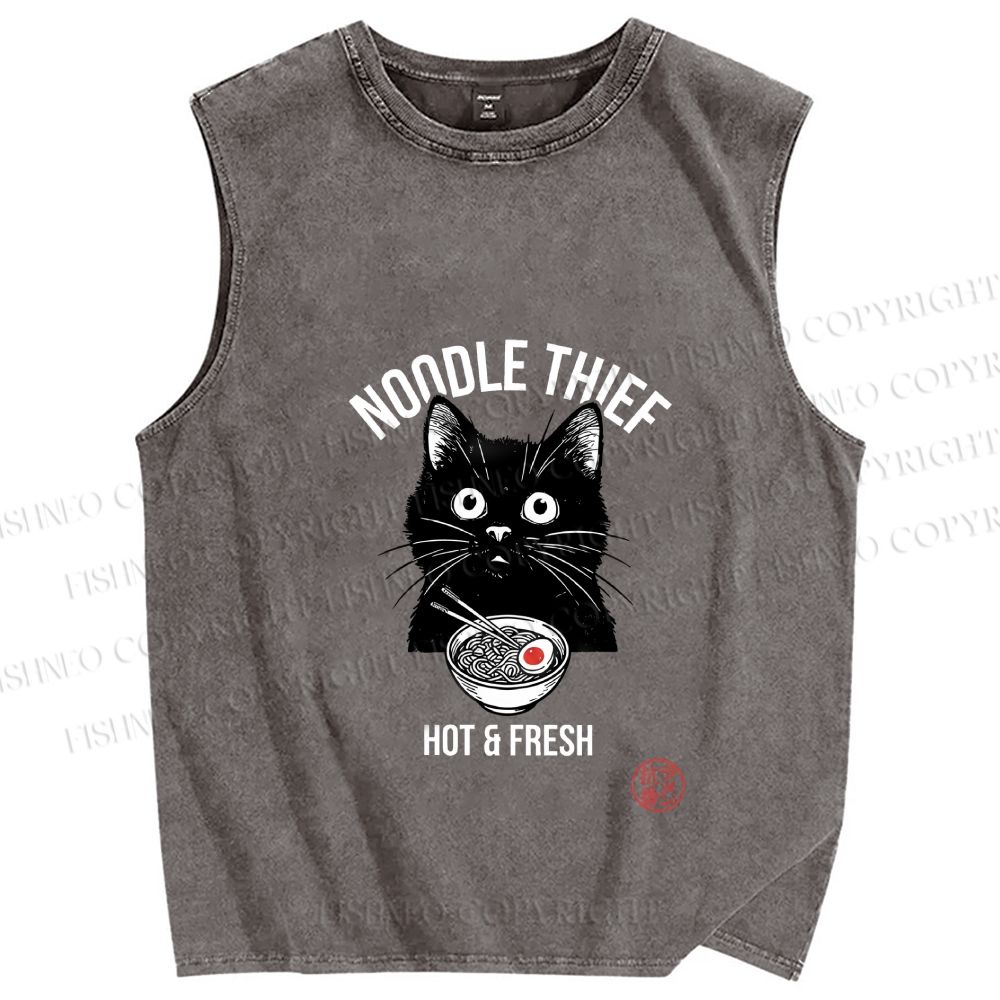 Unisex Noodle Thief Black Cat Ramen Printed Washed Tank Top