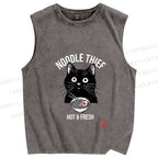 Unisex Noodle Thief Black Cat Ramen Printed Washed Tank Top