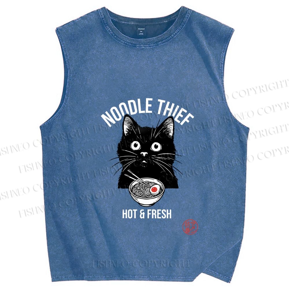 Unisex Noodle Thief Black Cat Ramen Printed Washed Tank Top