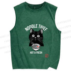 Unisex Noodle Thief Black Cat Ramen Printed Washed Tank Top