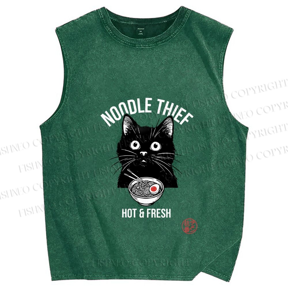 Unisex Noodle Thief Black Cat Ramen Printed Washed Tank Top