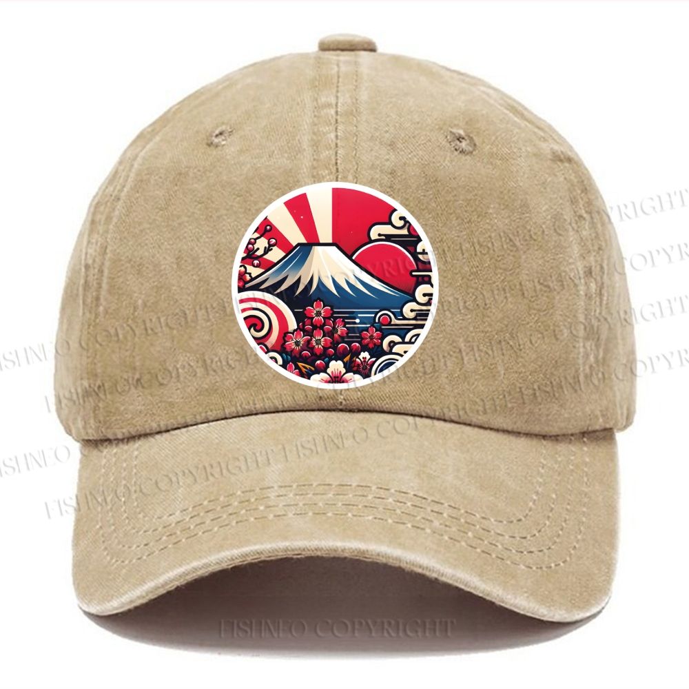 Unisex Japanese Mount Fuji Cherry Blossom Vintage Casual Washed Cap