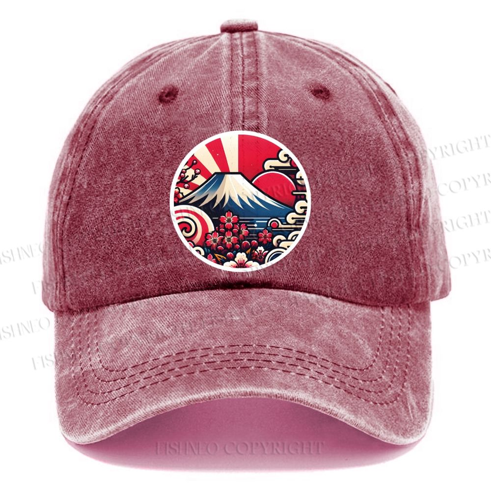 Unisex Japanese Mount Fuji Cherry Blossom Vintage Casual Washed Cap