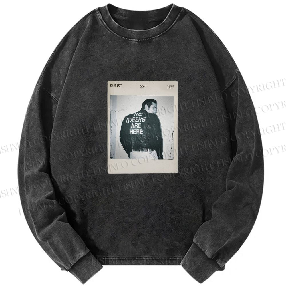 Unisex Casual Washed Pride Polaroid The Queers Are Here Printed Long Sleeve T-shirt