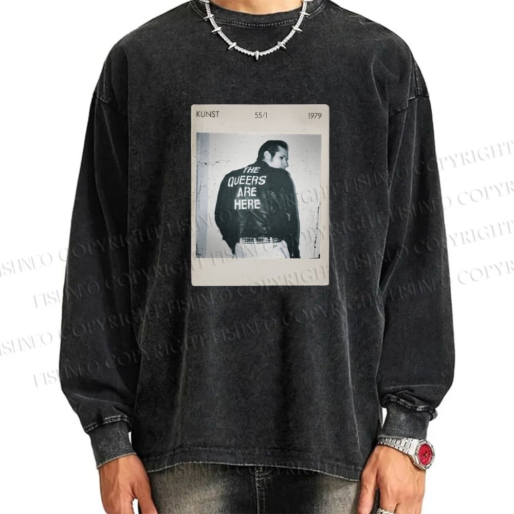 Unisex Casual Washed Pride Polaroid The Queers Are Here Printed Long Sleeve T-shirt