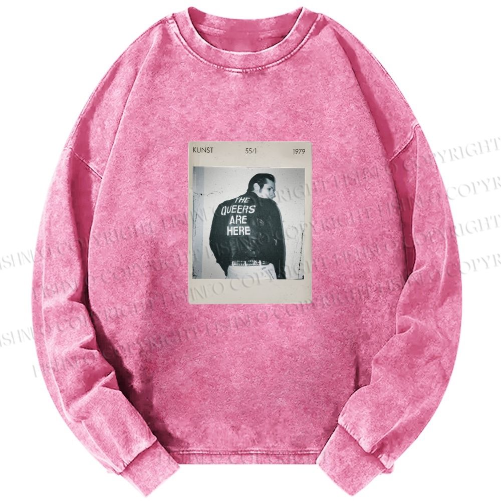 Unisex Casual Washed Pride Polaroid The Queers Are Here Printed Long Sleeve T-shirt