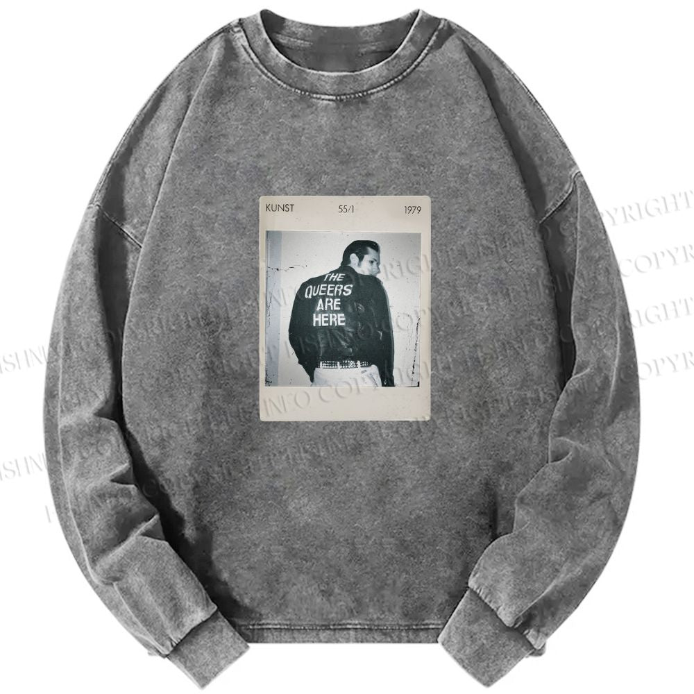 Unisex Casual Washed Pride Polaroid The Queers Are Here Printed Long Sleeve T-shirt