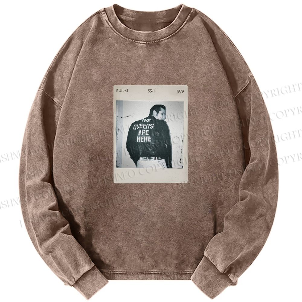 Unisex Casual Washed Pride Polaroid The Queers Are Here Printed Long Sleeve T-shirt