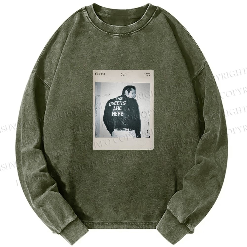 Unisex Casual Washed Pride Polaroid The Queers Are Here Printed Long Sleeve T-shirt