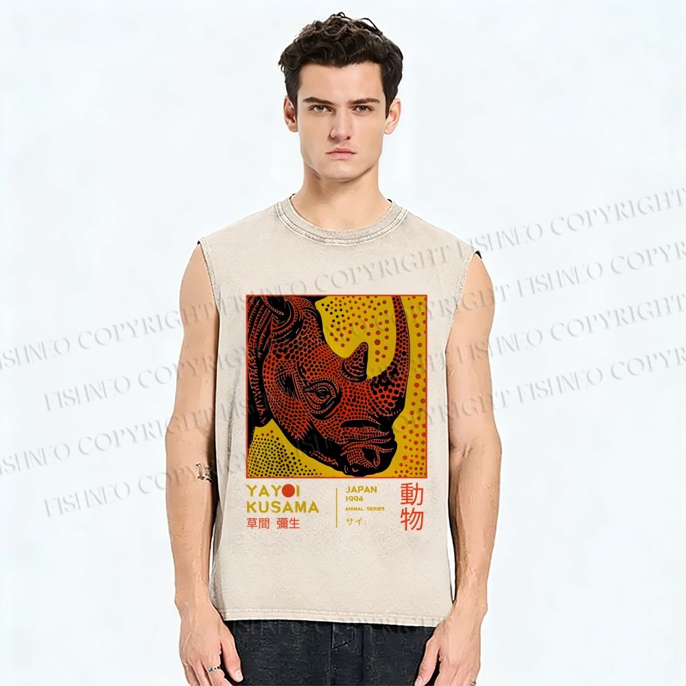 Unisex Yayoi Kusama Rhino Printed Washed Tank Top
