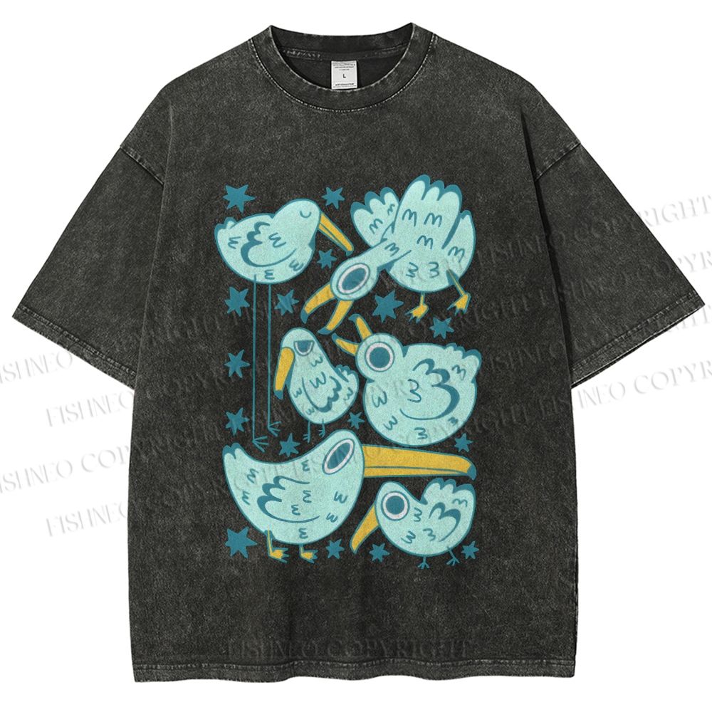 Unisex Chubby Blue Birds Printed Washed Tee
