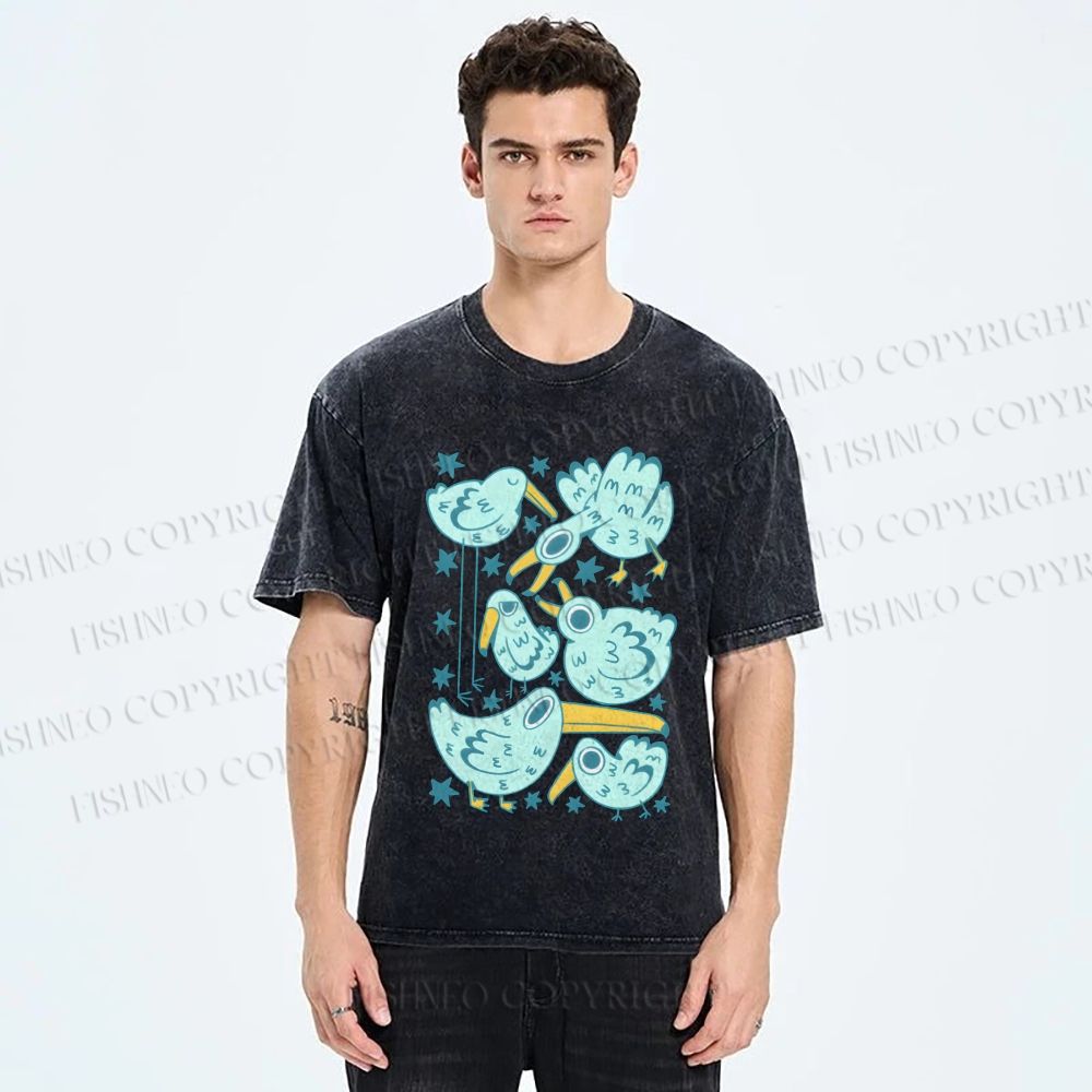 Unisex Chubby Blue Birds Printed Washed Tee
