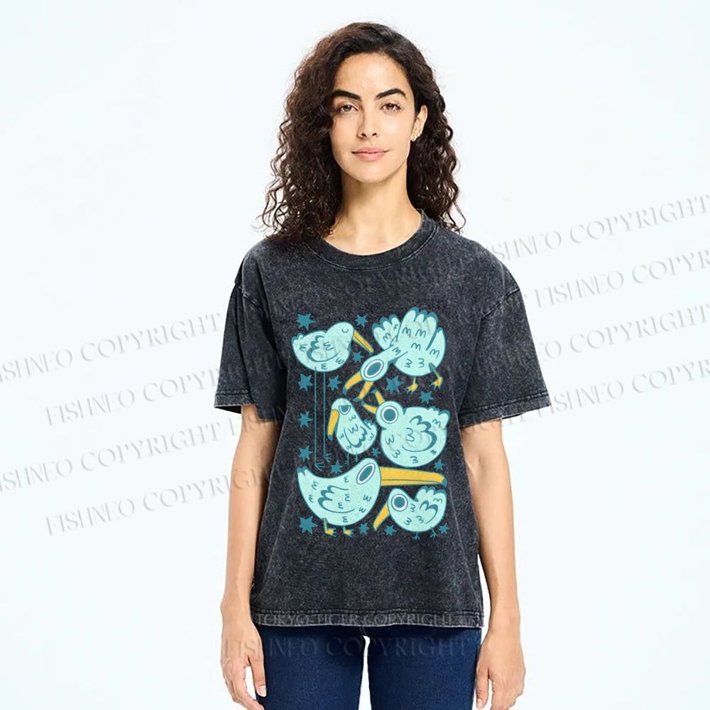 Unisex Chubby Blue Birds Printed Washed Tee