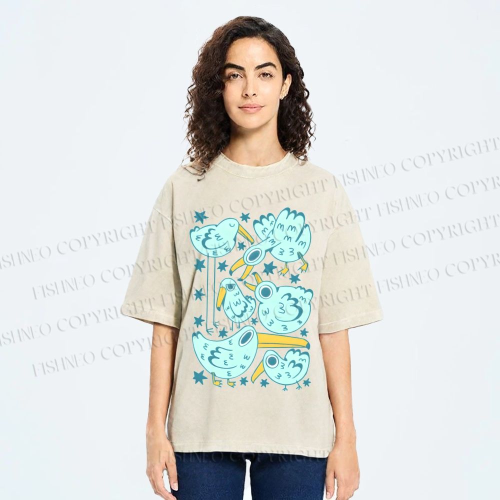 Unisex Chubby Blue Birds Printed Washed Tee
