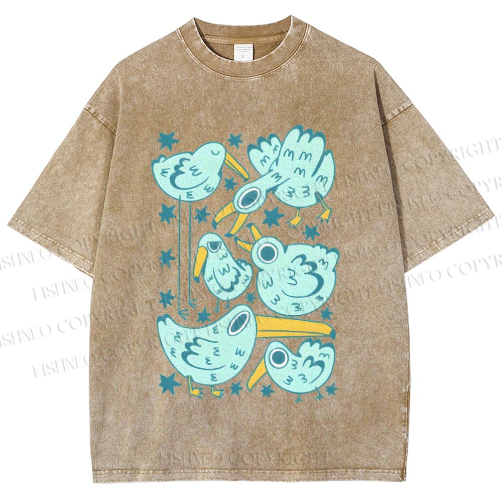 Unisex Chubby Blue Birds Printed Washed Tee