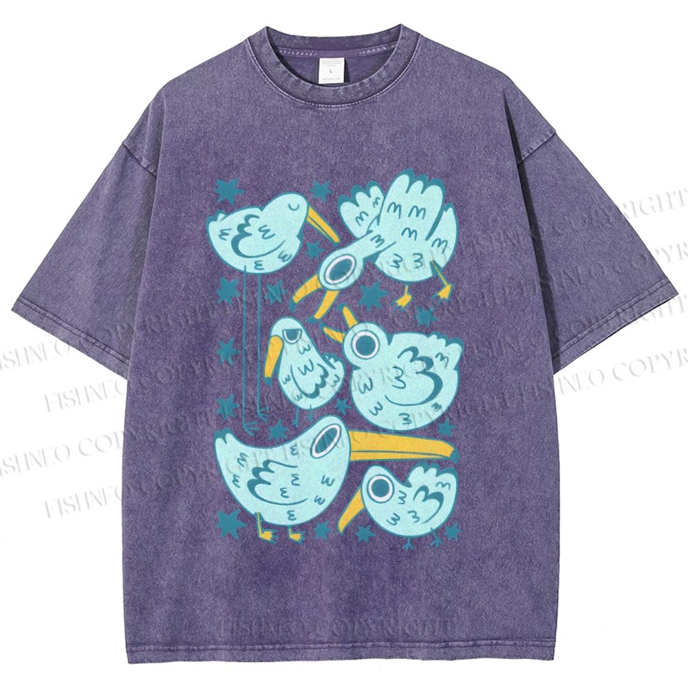 Unisex Chubby Blue Birds Printed Washed Tee