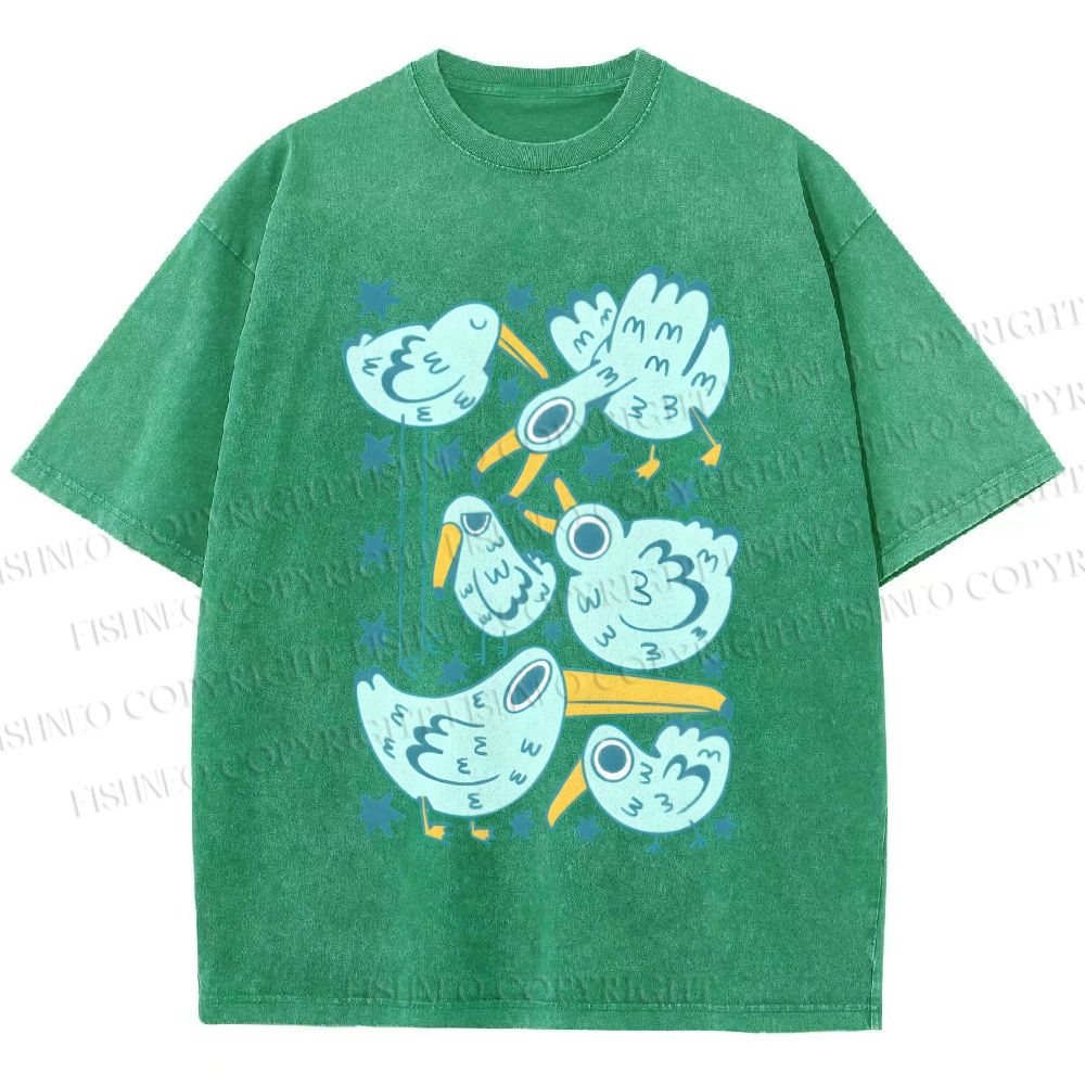 Unisex Chubby Blue Birds Printed Washed Tee