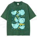 Unisex Chubby Blue Birds Printed Washed Tee