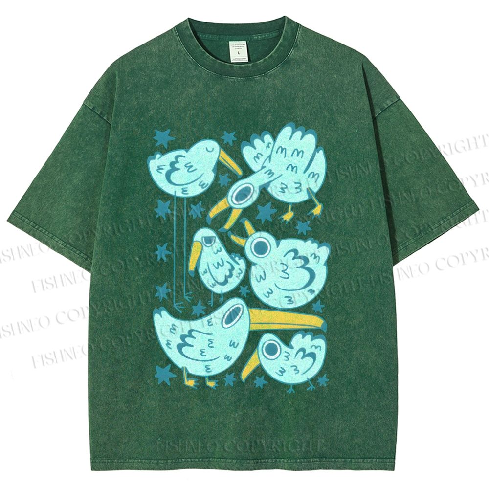 Unisex Chubby Blue Birds Printed Washed Tee