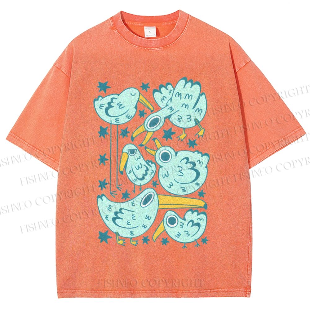 Unisex Chubby Blue Birds Printed Washed Tee