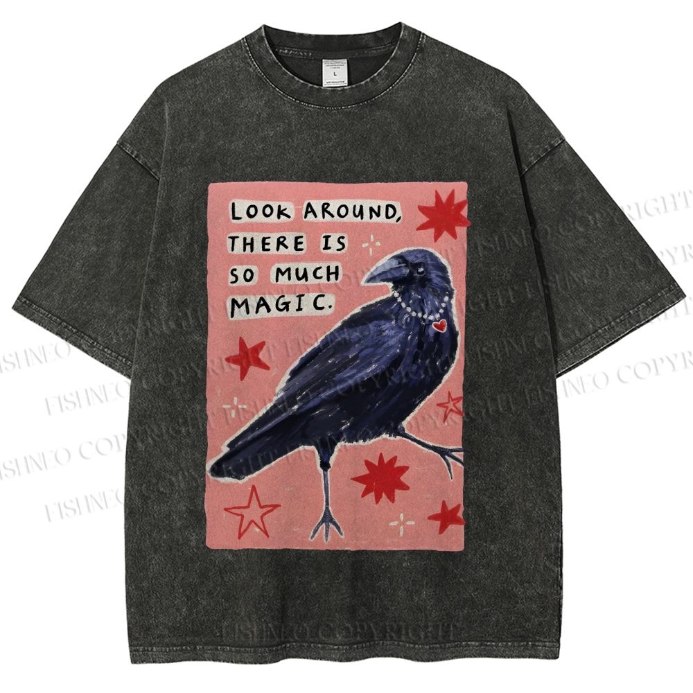 Unisex Magic Crow Bird Printed Washed Tee