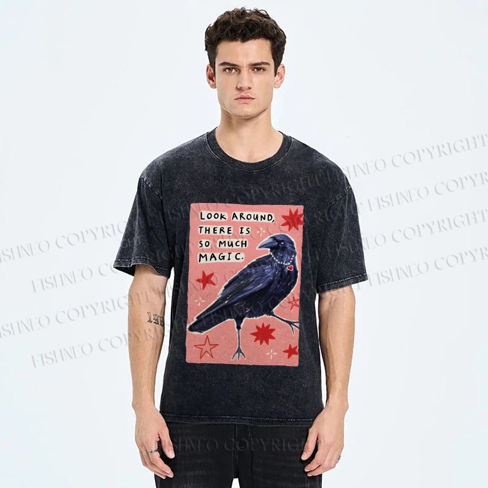 Unisex Magic Crow Bird Printed Washed Tee