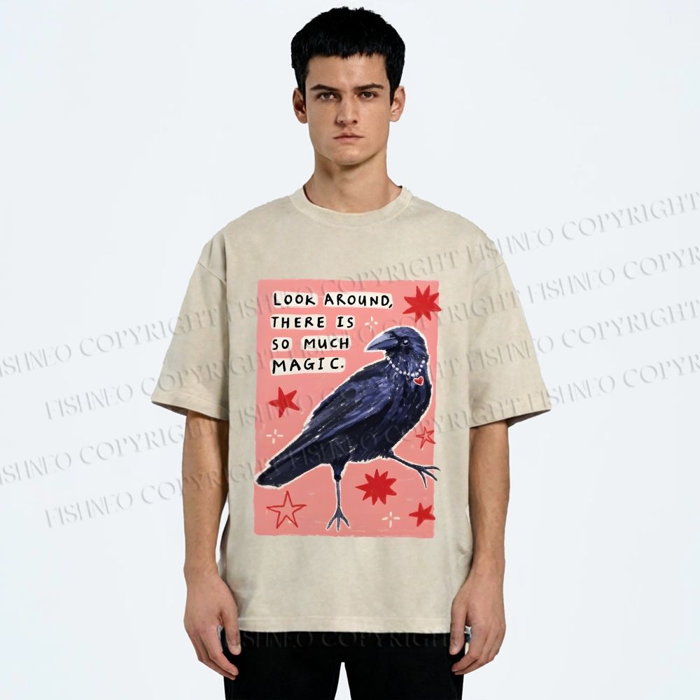 Unisex Magic Crow Bird Printed Washed Tee