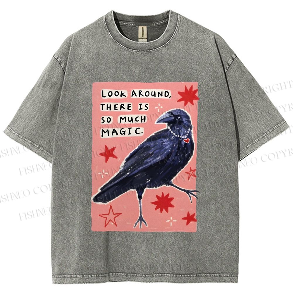 Unisex Magic Crow Bird Printed Washed Tee