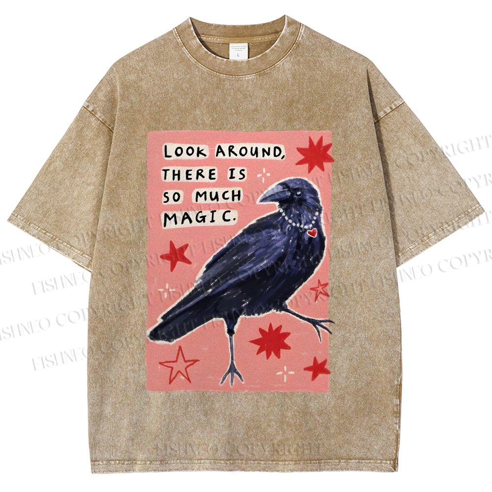 Unisex Magic Crow Bird Printed Washed Tee