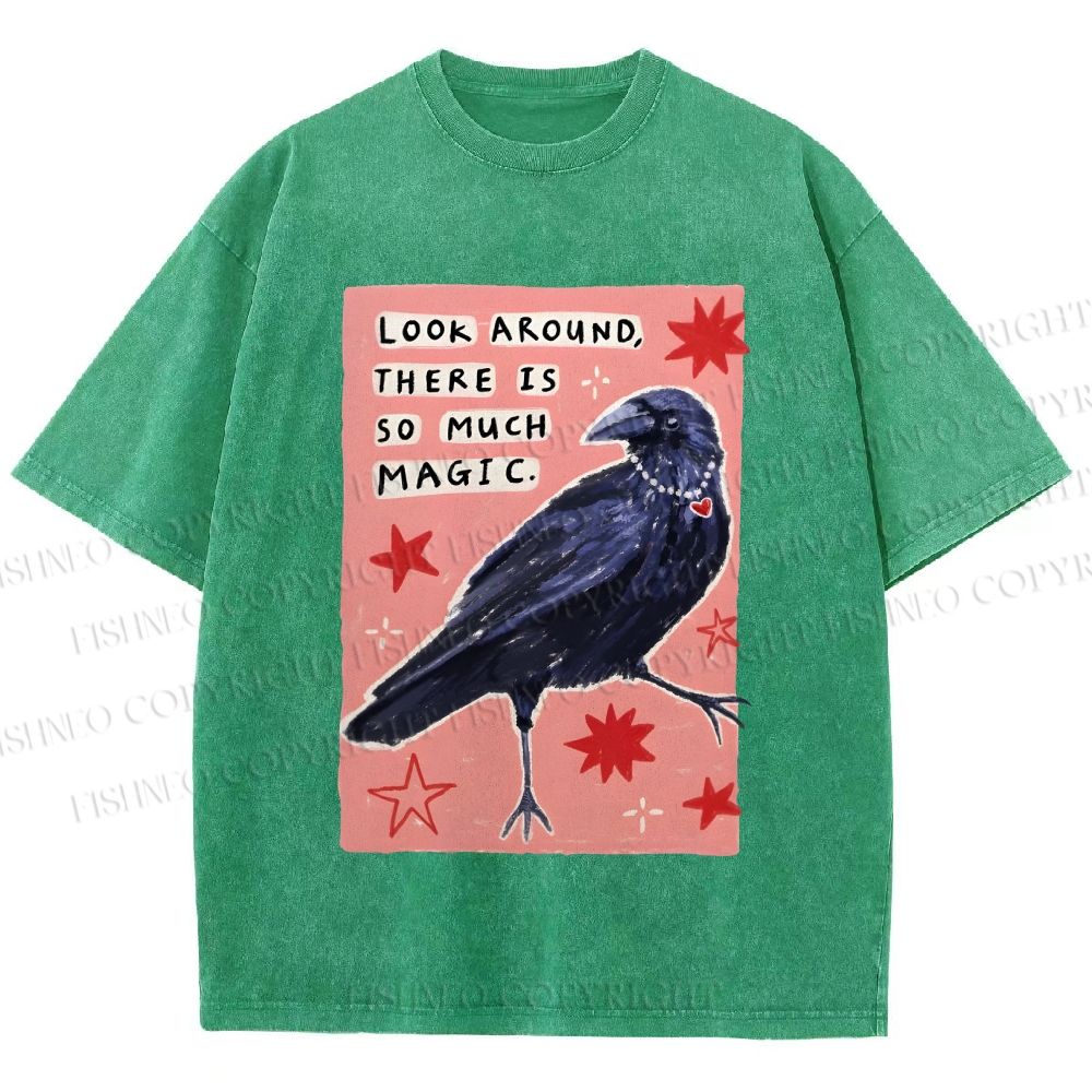Unisex Magic Crow Bird Printed Washed Tee