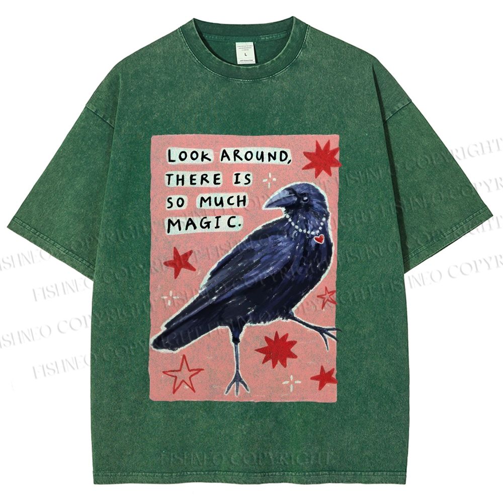 Unisex Magic Crow Bird Printed Washed Tee