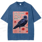 Unisex Magic Crow Bird Printed Washed Tee