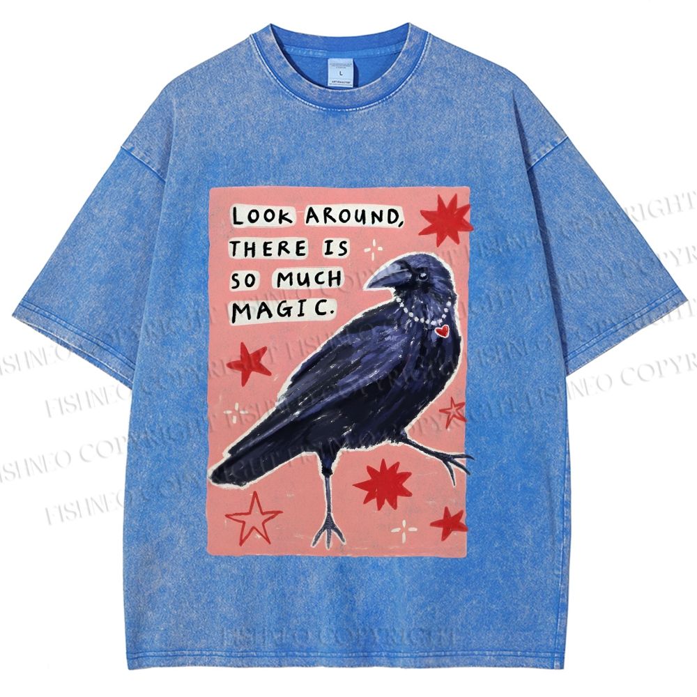 Unisex Magic Crow Bird Printed Washed Tee