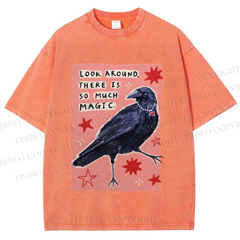 Unisex Magic Crow Bird Printed Washed Tee