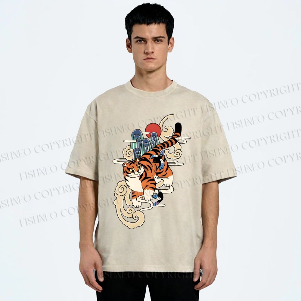 Unisex Japanese Tiger in Smog Printed Washed Tee