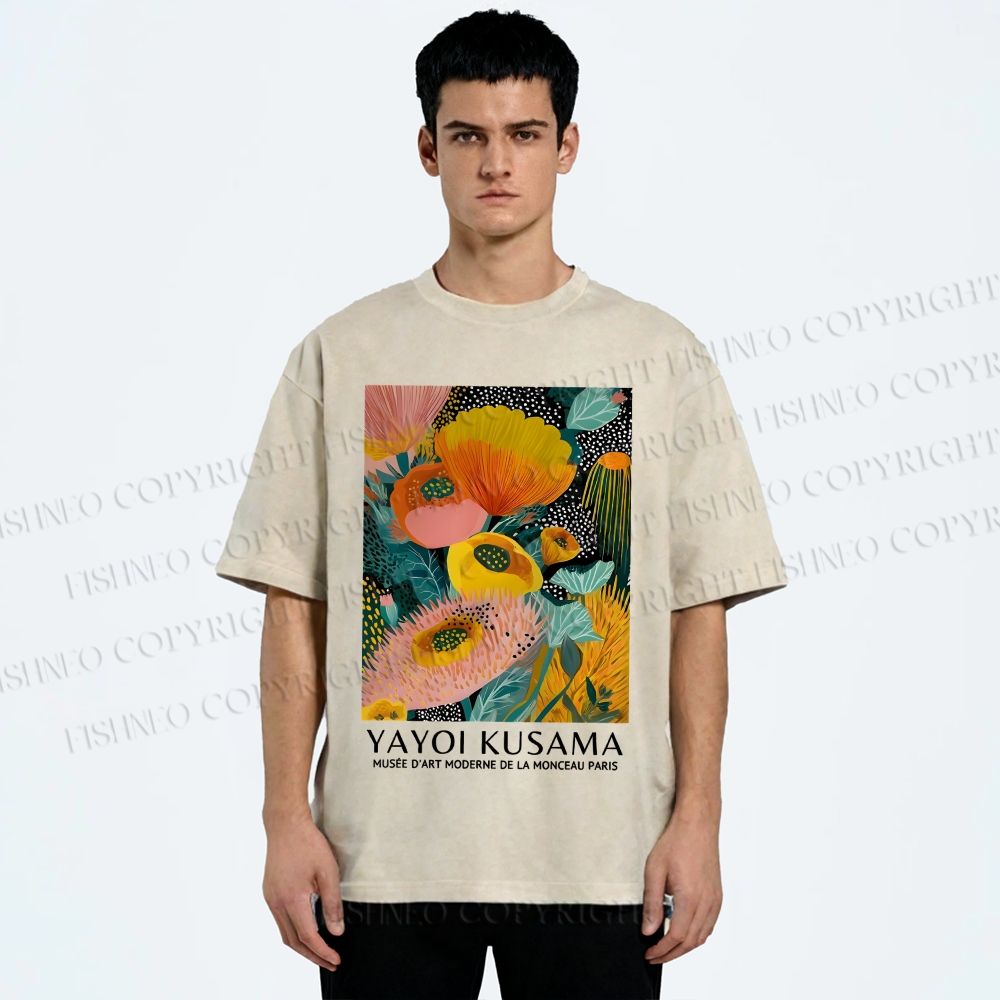Unisex Yayoi Kusama Yellow Flowers Printed Washed Tee