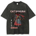 Cat Samurai Vintage Wash Japanese Design T-Shirt