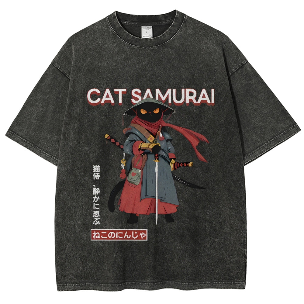 Cat Samurai Vintage Wash Japanese Design T-Shirt