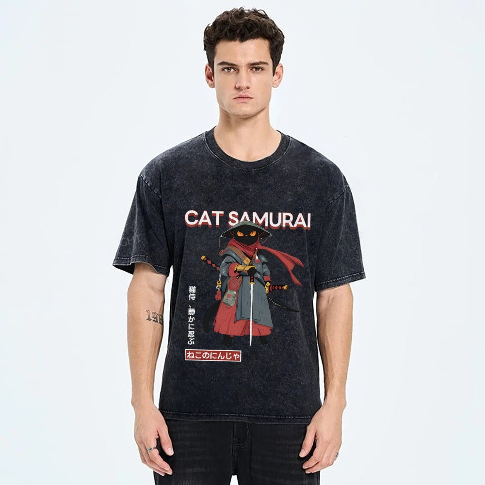 Cat Samurai Vintage Wash Japanese Design T-Shirt